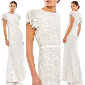 Mac Duggal High Neck Beaded Flutter Cap Sleeve Gown In White 10748 Size 10 New